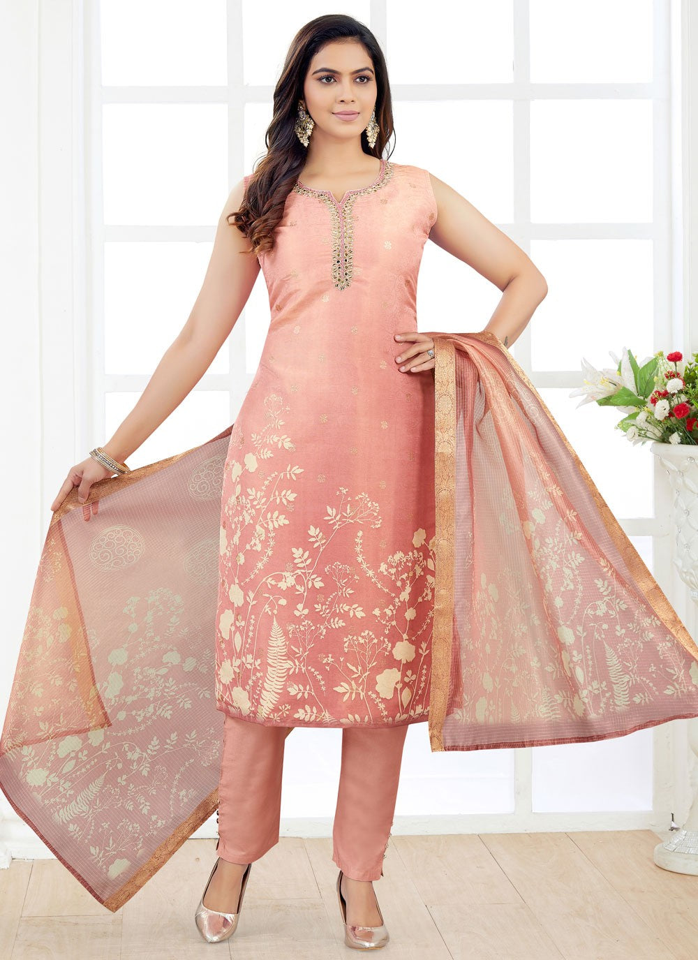 Pant Style Suit Embroidered, Jacquard Work, Zari Peach T7424