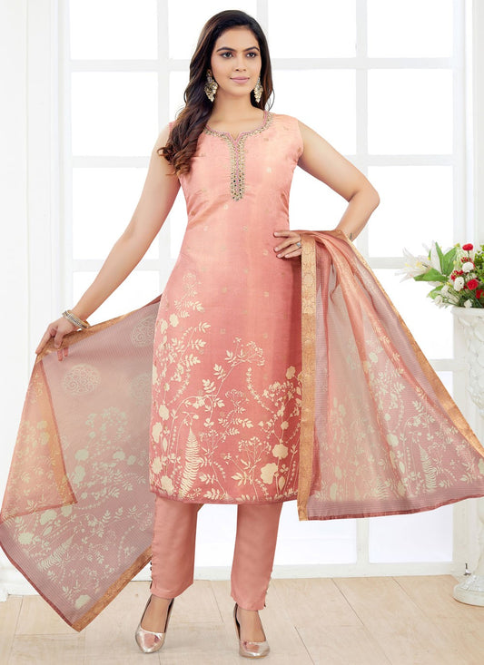 Pant Style Suit Embroidered, Jacquard Work, Zari Peach T7424