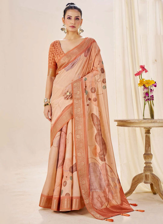 Peach Silk Trendy Saree Border Work, Fancy Work, Printed, Weaving Zari S19076