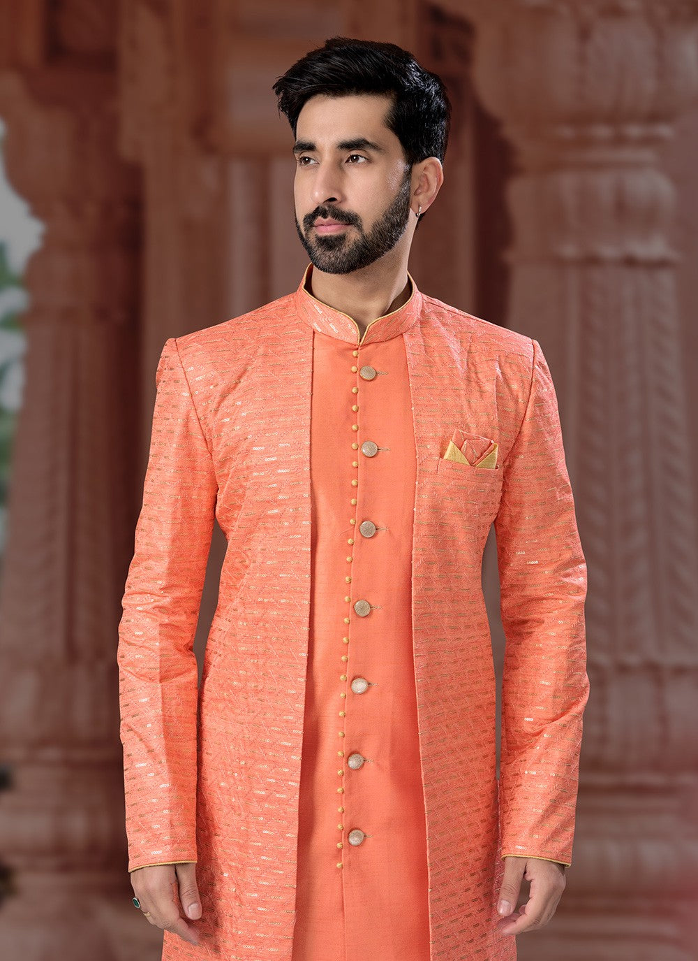 Embroidered Banglori Silk Peach Indo Western Sherwani - M6902