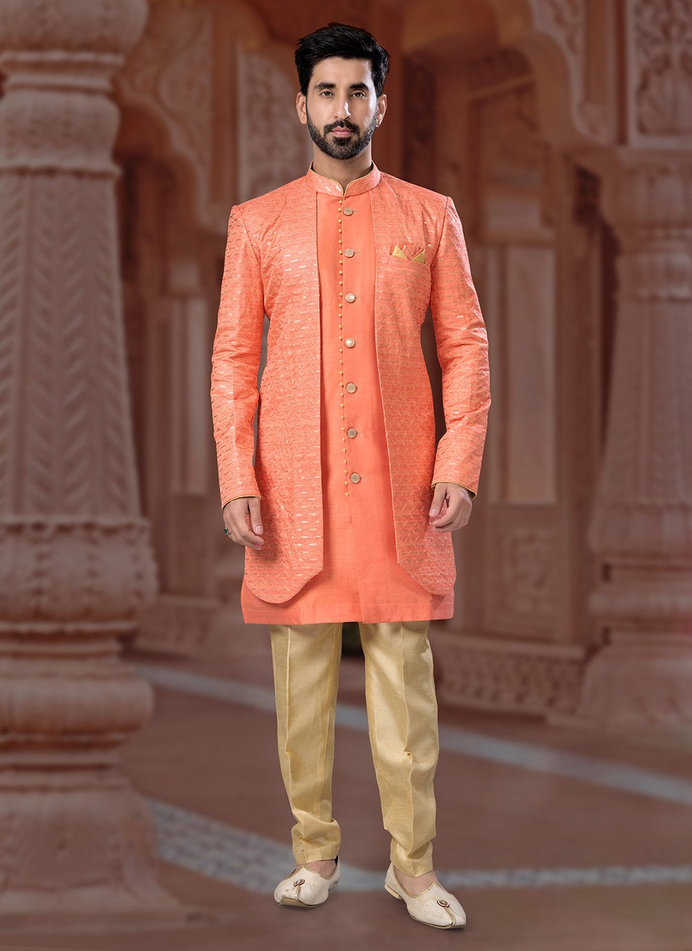Embroidered Banglori Silk Peach Indo Western Sherwani - M6902