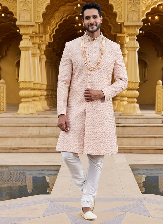 Machine Embroidery Georgette Peach Sherwani - M6096