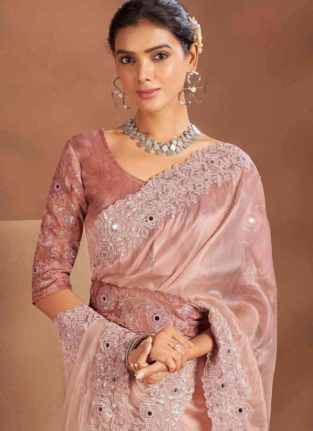 Contemporary Embroidered Peach Silk Saree S13389
