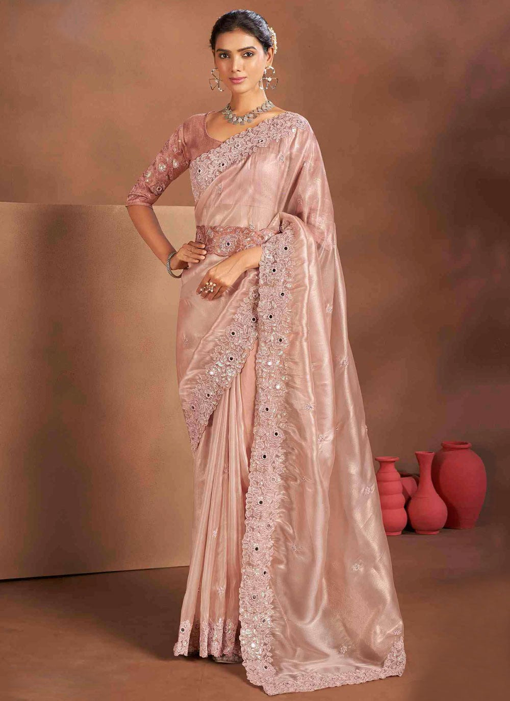 Contemporary Embroidered Peach Silk Saree S13389