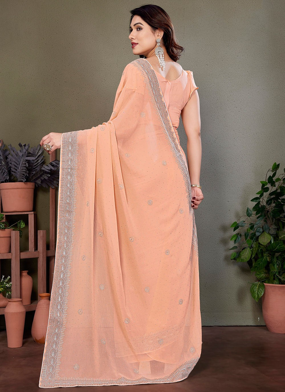 Embroidered Georgette Peach Traditional Saree S14886