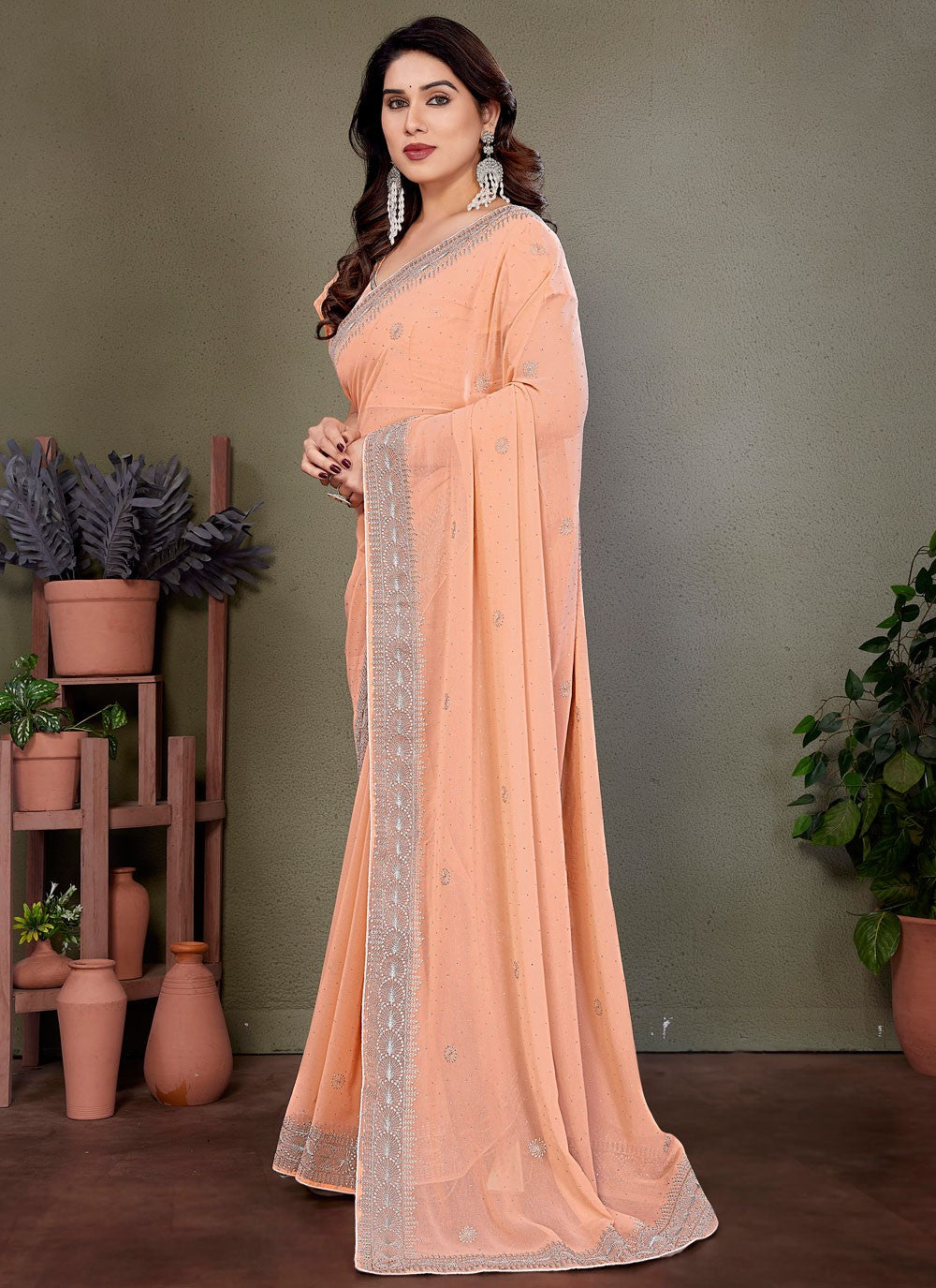 Embroidered Georgette Peach Traditional Saree S14886