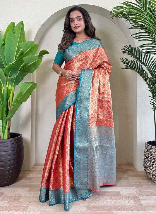 Weaving Zari Silk Peach Contemporary Saree S15246