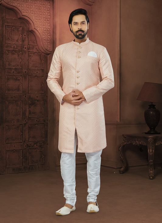 Fancy Work Banarasi Jacquard Peach Indo Western Sherwani - M5796