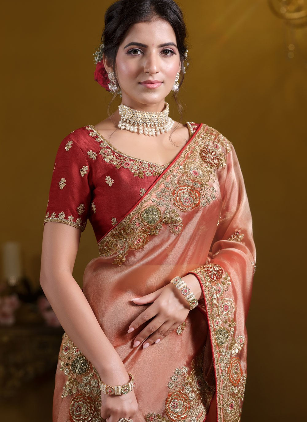 Traditional Embroidered Peach Tissue Saree S12630