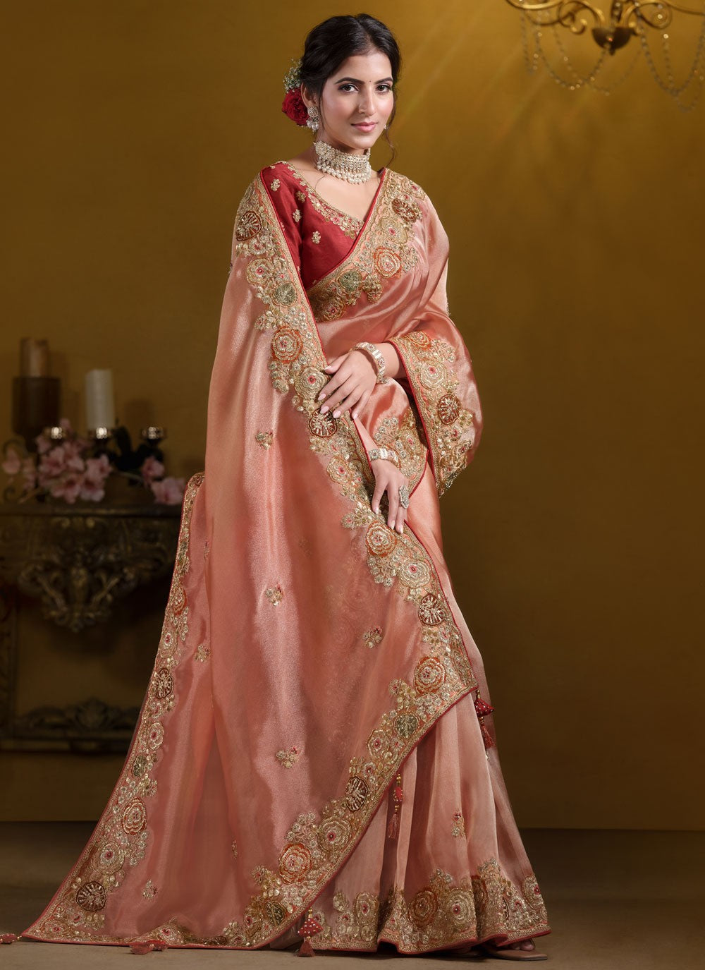 Traditional Embroidered Peach Tissue S12630