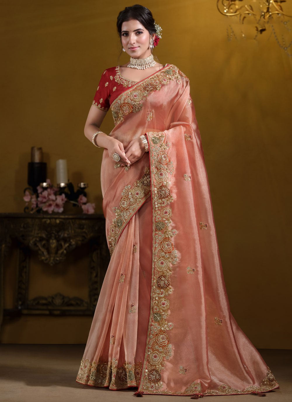 Traditional Embroidered Peach Tissue S12630