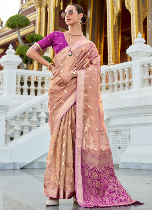 Woven Silk Peach Contemporary Saree S14842