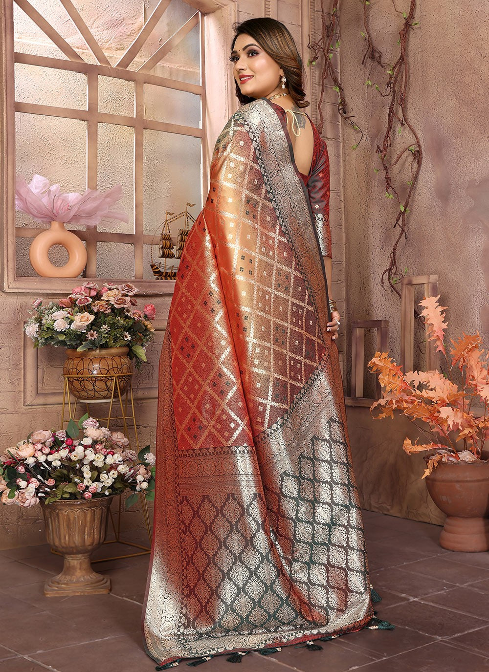Woven Silk Peach Saree S14645