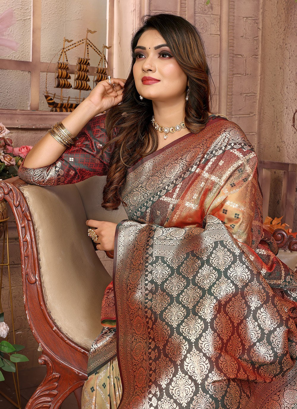 Woven Silk Peach Saree S14645