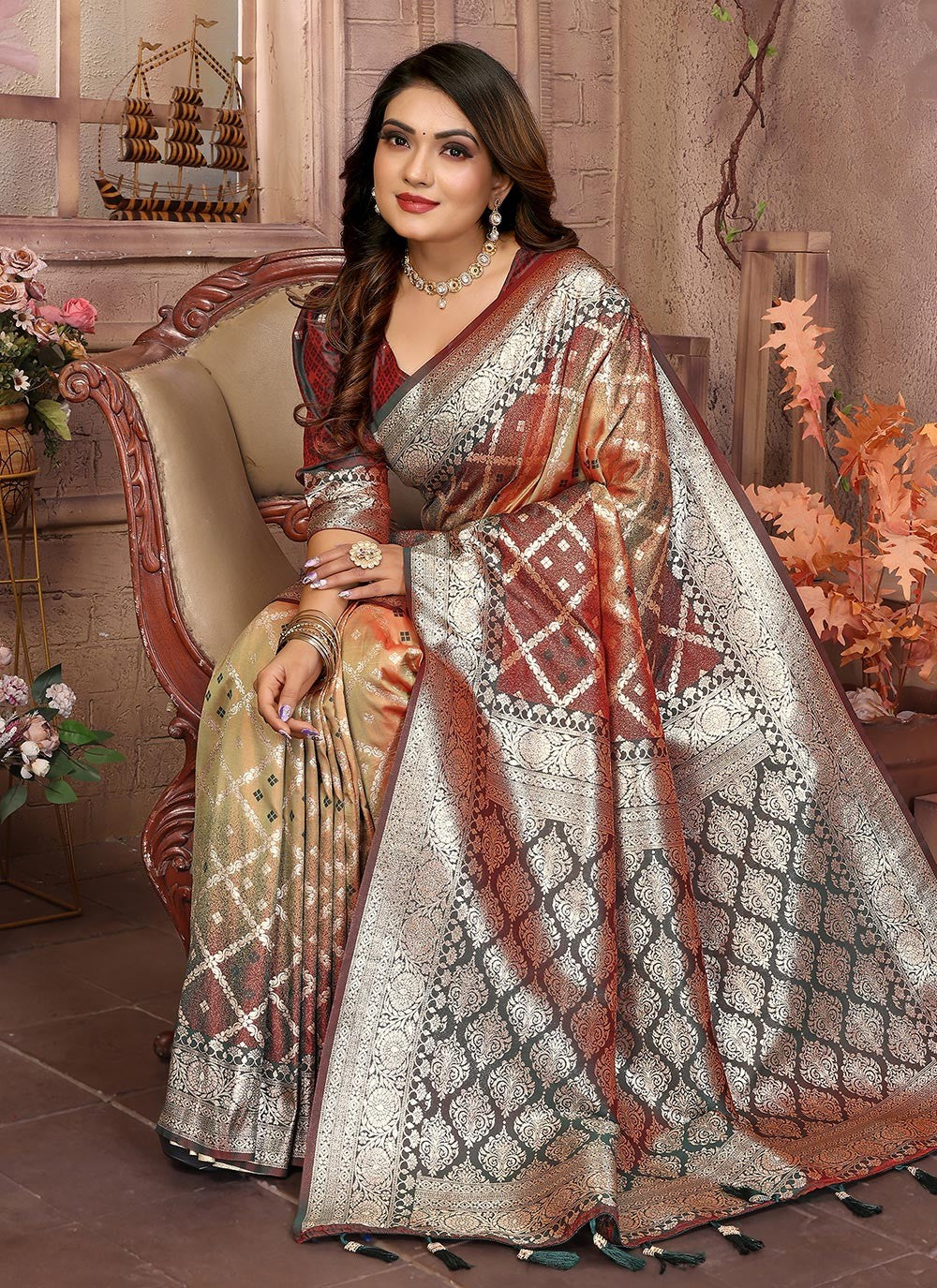 Woven Silk Peach Saree S14645