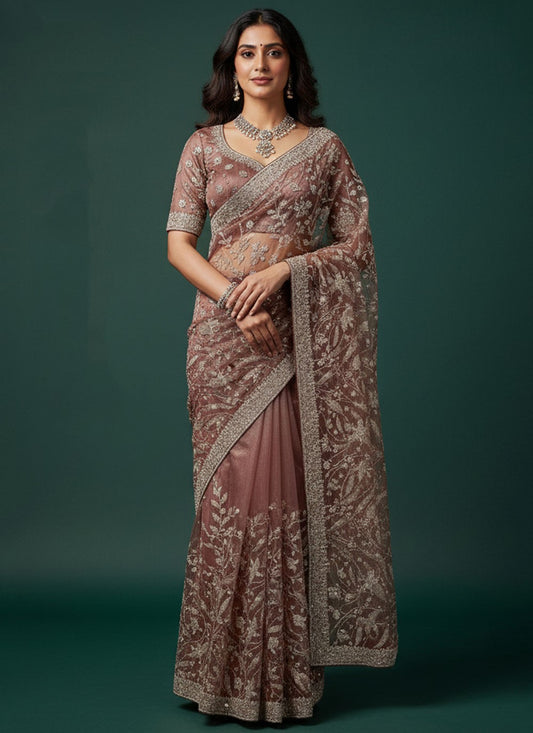 Peach Silk Trendy Saree Embroidered, Swarovski, Zari S20269