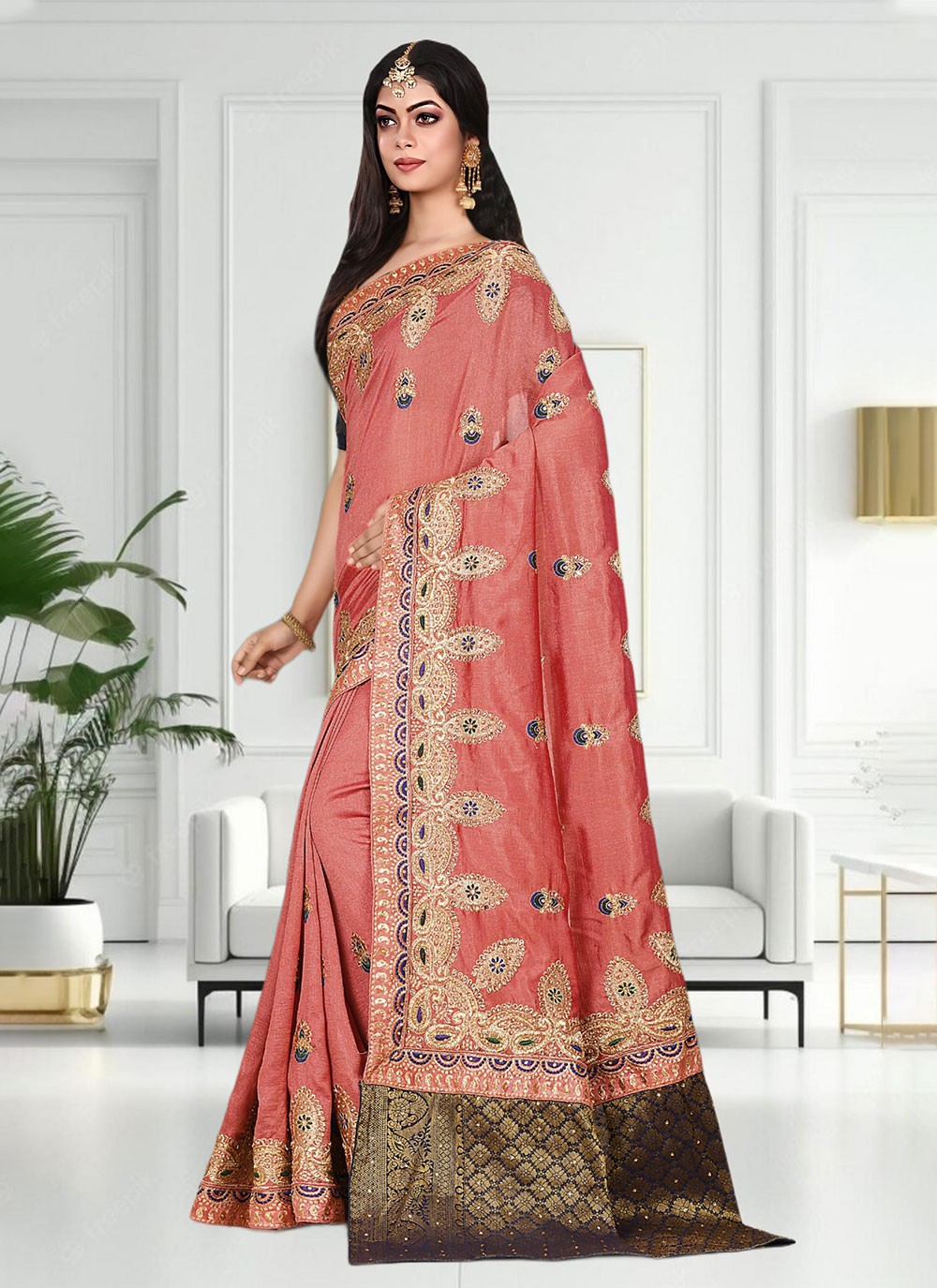 Classic Hand Embroidery Brasso Saree - S4738