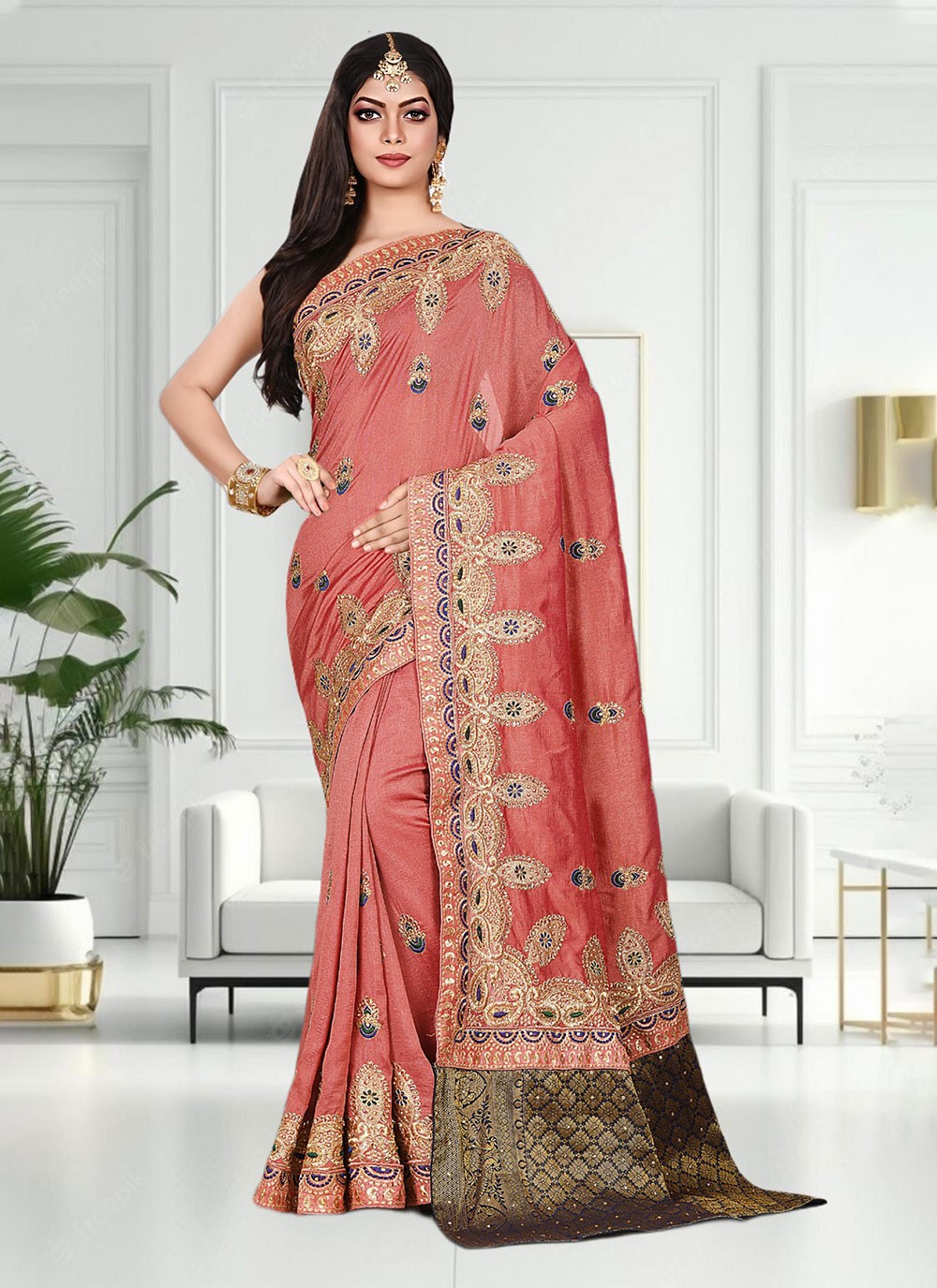 Classic Hand Embroidery Brasso Saree - S4738