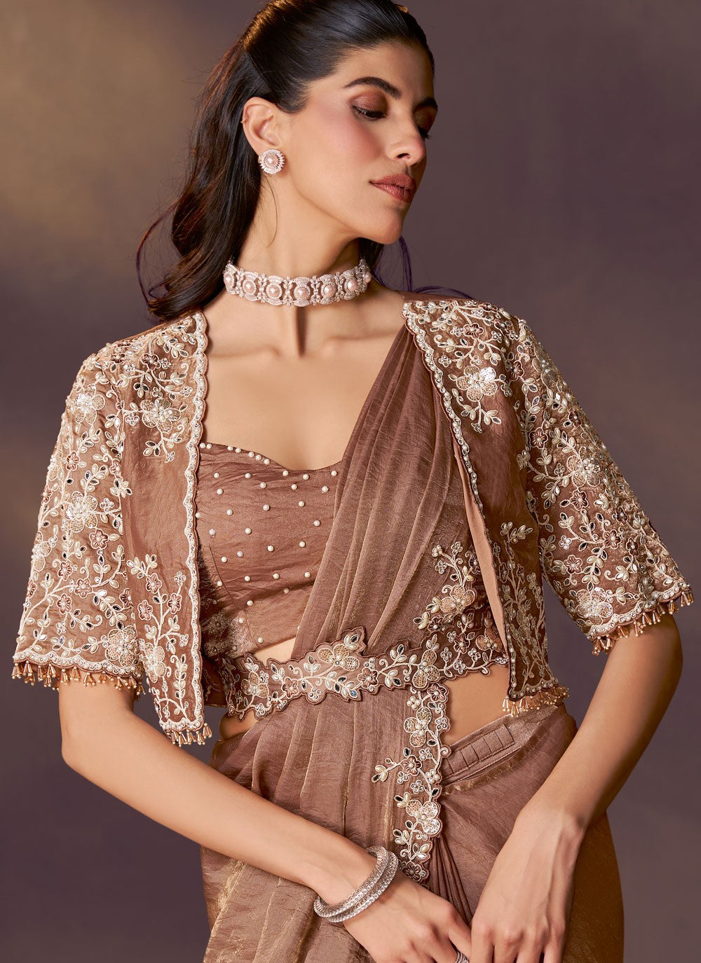 Brown Satin Silk Contemporary Saree Embroidered, Pearls, Sequins S20483