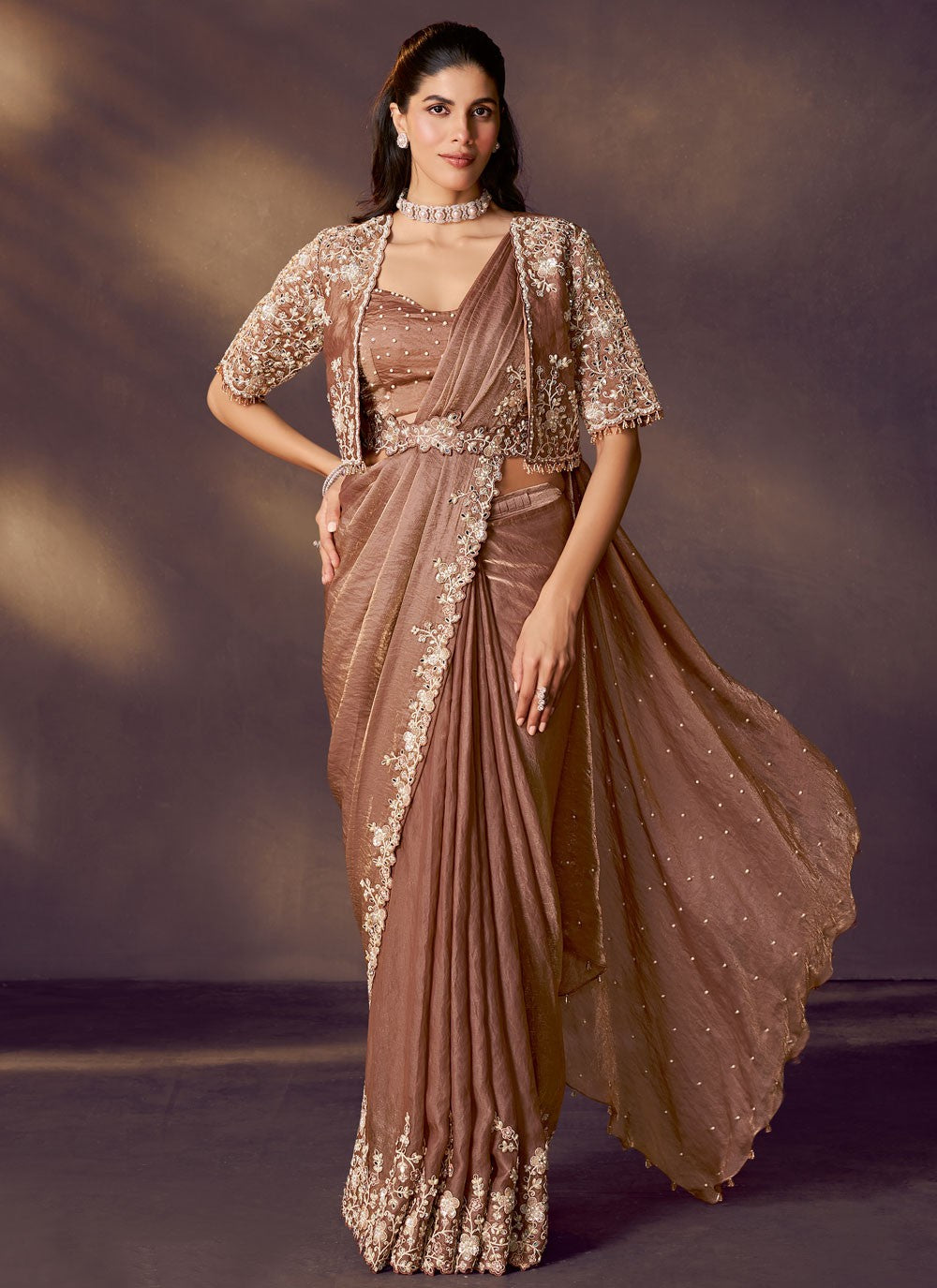 Brown Satin Silk Contemporary Saree Embroidered, Pearls, Sequins S20483