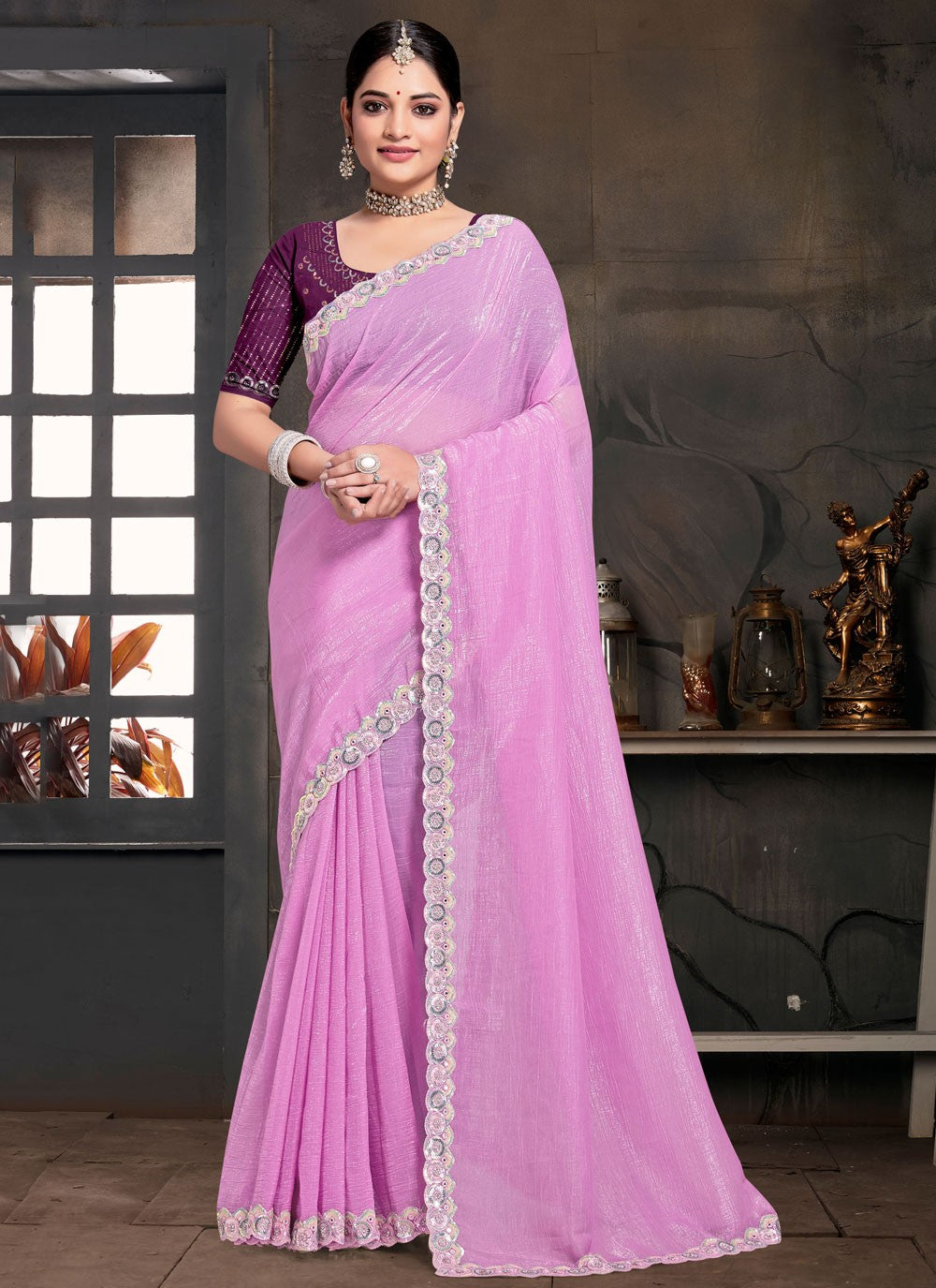 Designer Embroidered Pink, Purple Silk Saree S13120