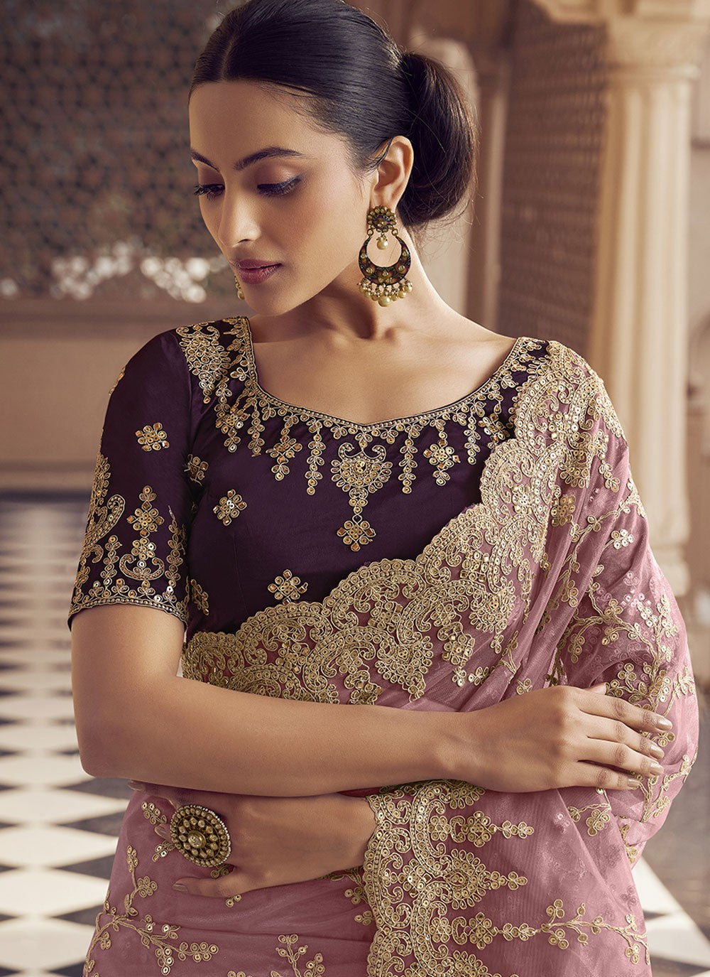 Classic Saree Embroidered Pink, Purple Net S12481