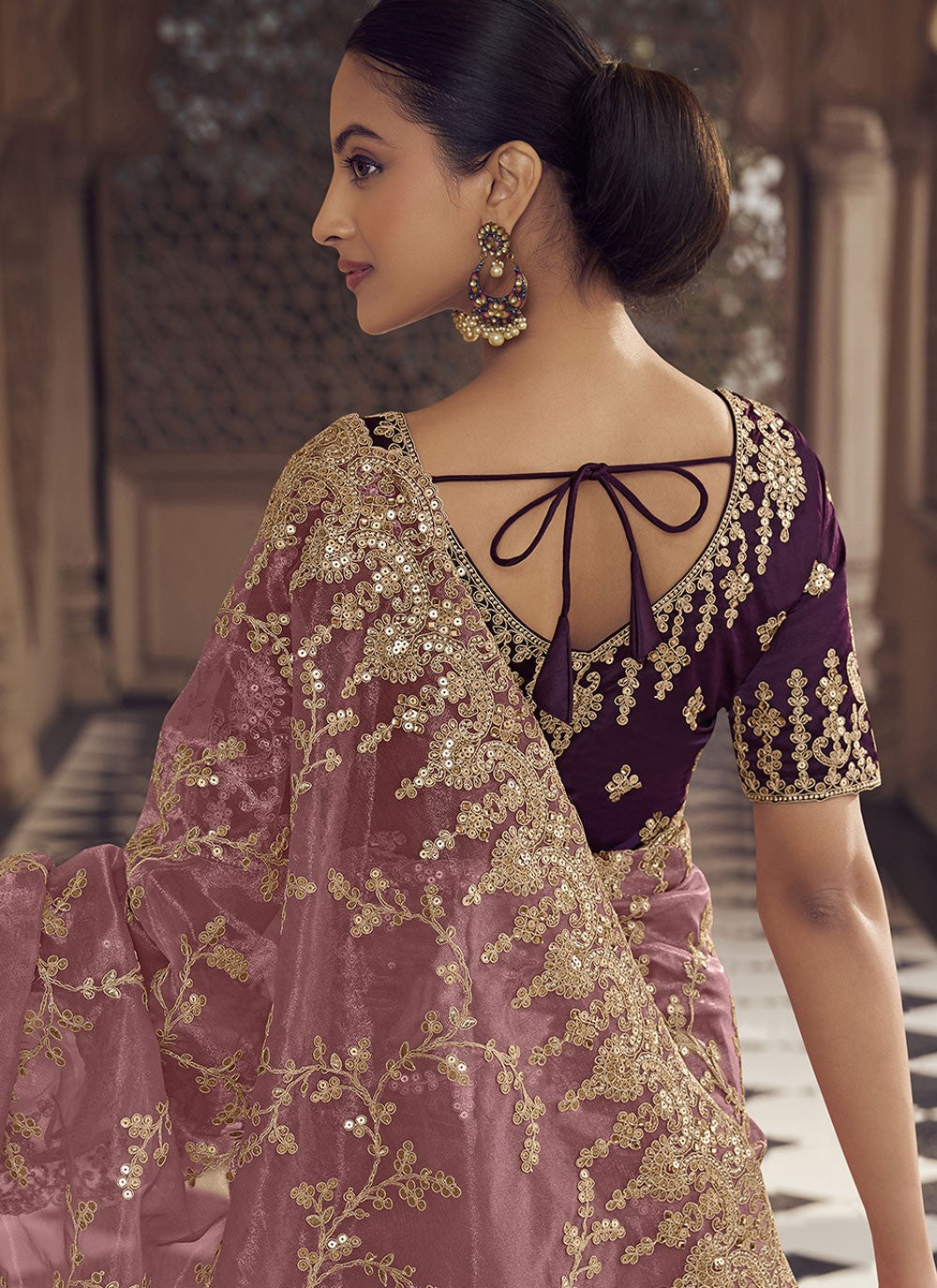 Classic Saree Embroidered Pink, Purple Net Saree S12481