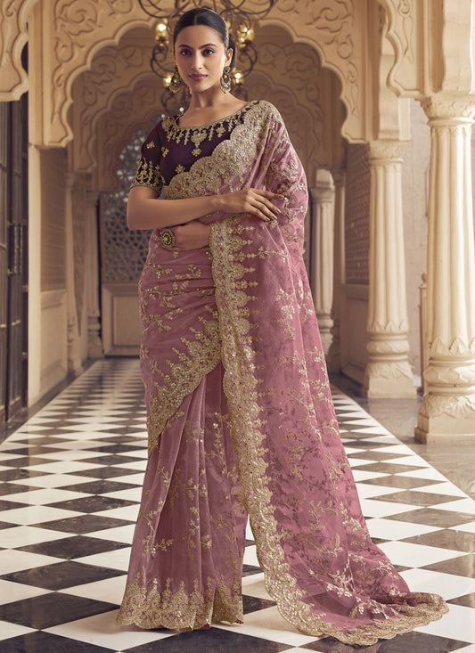 Classic Saree Embroidered Pink, Purple Net Saree S12481