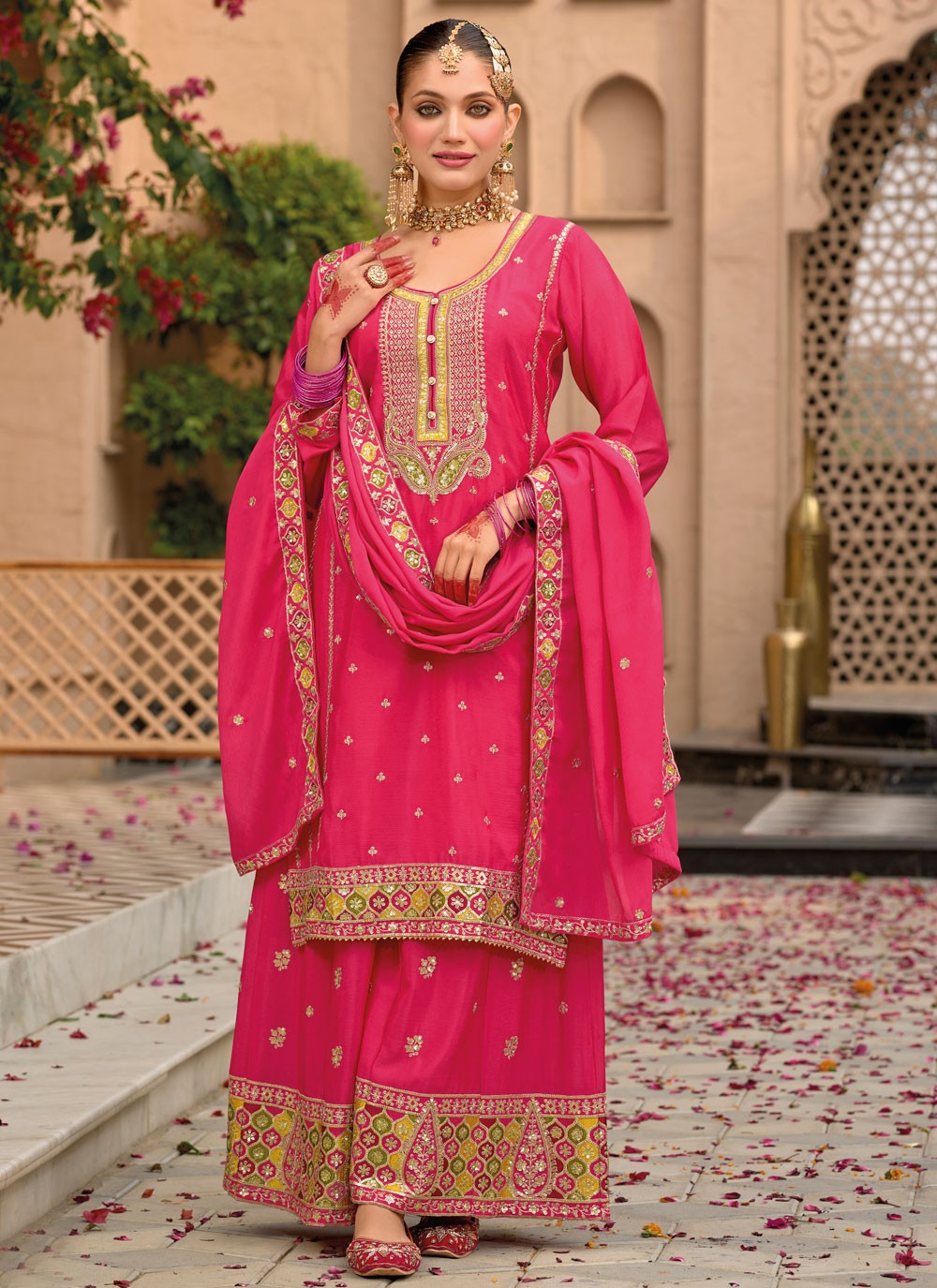Salwar Suit Embroidered Hot Pink, Pink Chinon T5411