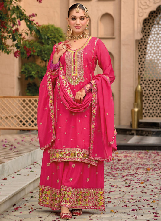 Salwar Suit Embroidered Hot Pink, Pink Chinon T5411