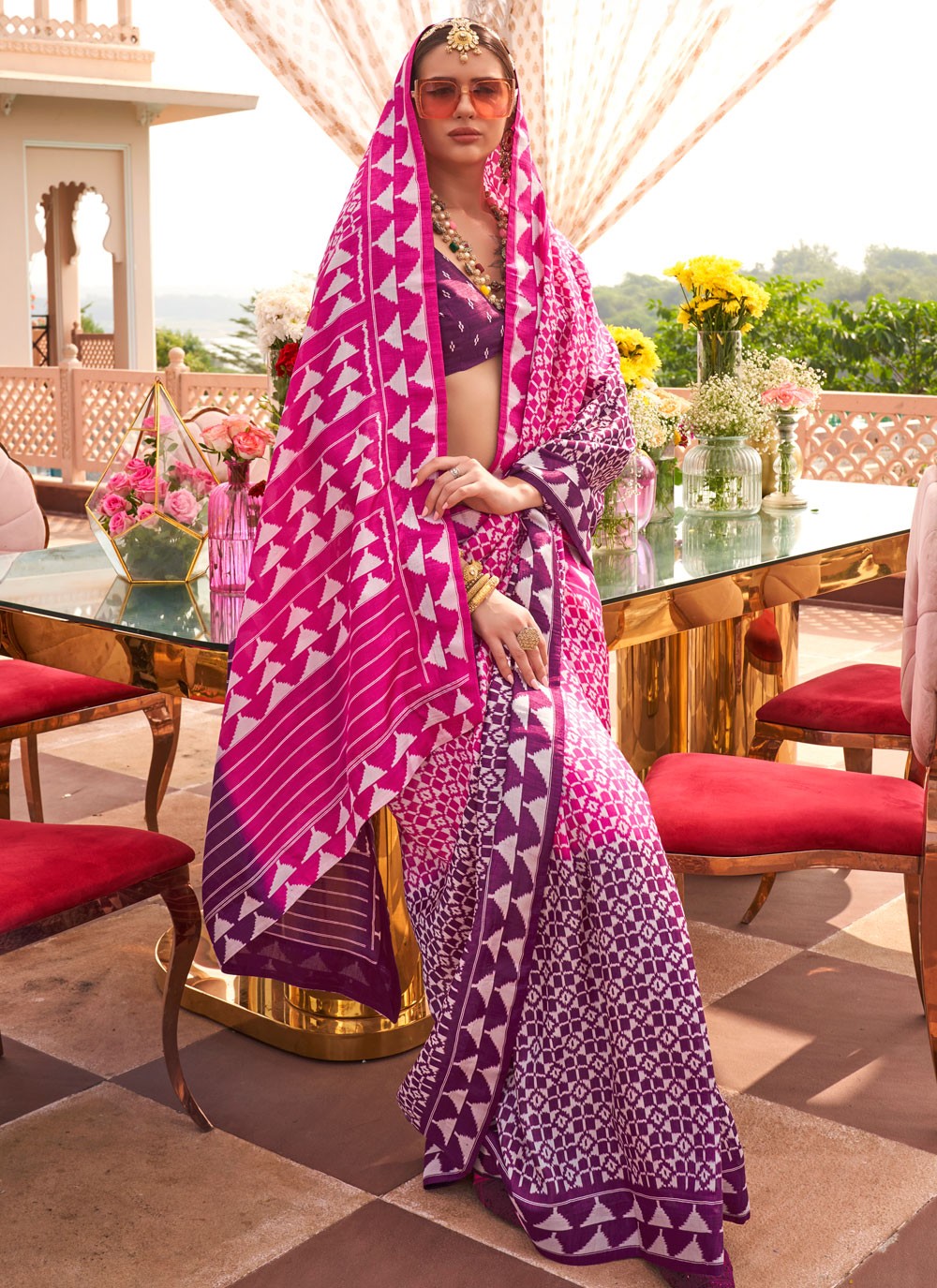 Traditional Geometric Print Hot Pink, Pink Silk S12555