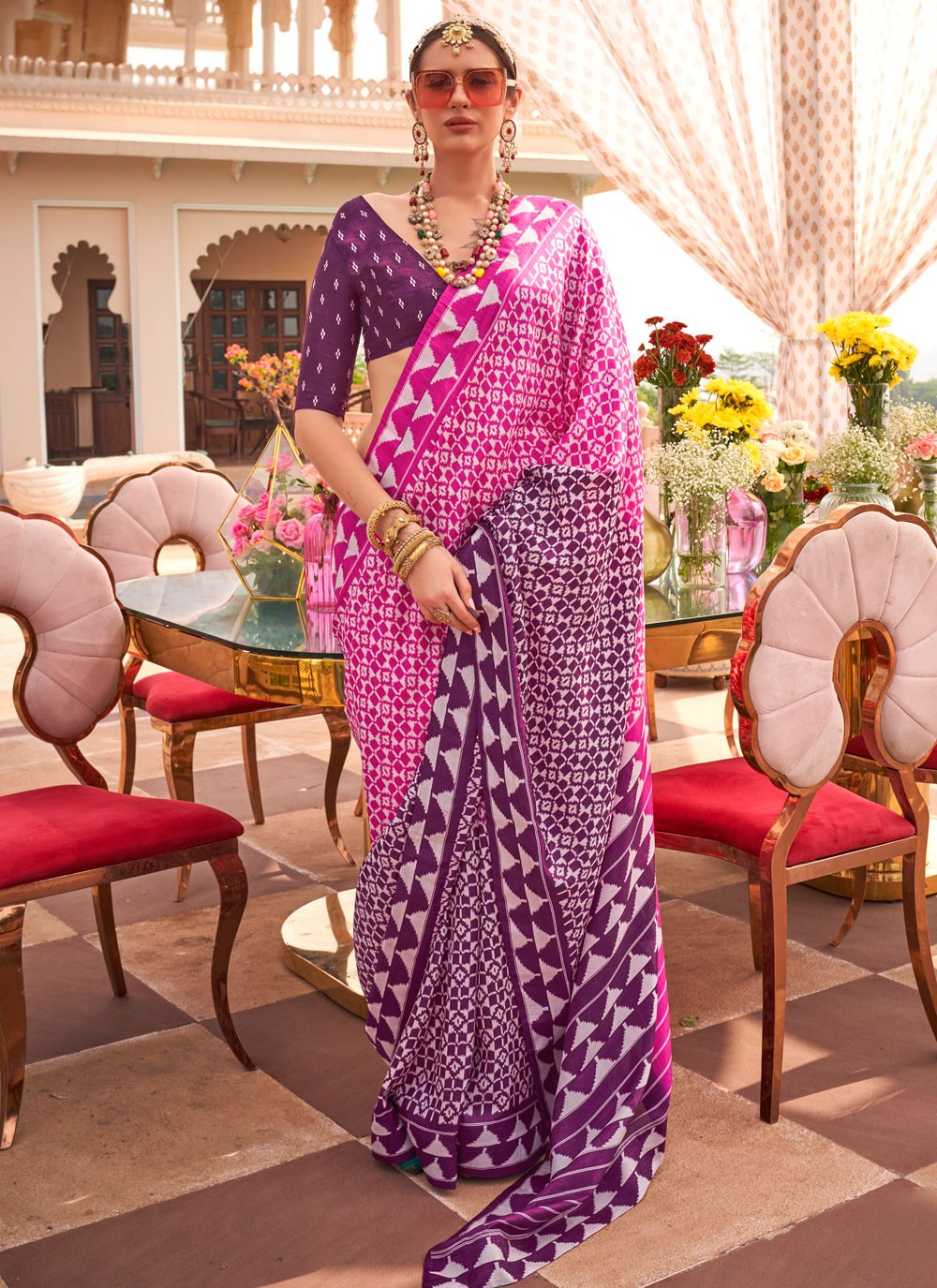 Traditional Geometric Print Hot Pink, Pink Silk S12555