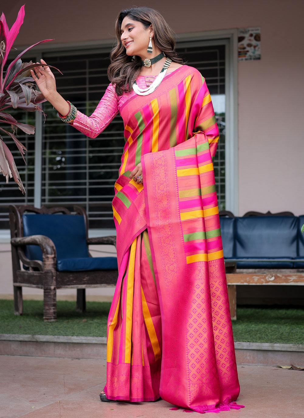 Designer Woven Hot Pink, Pink Kanjivaram Silk S12523