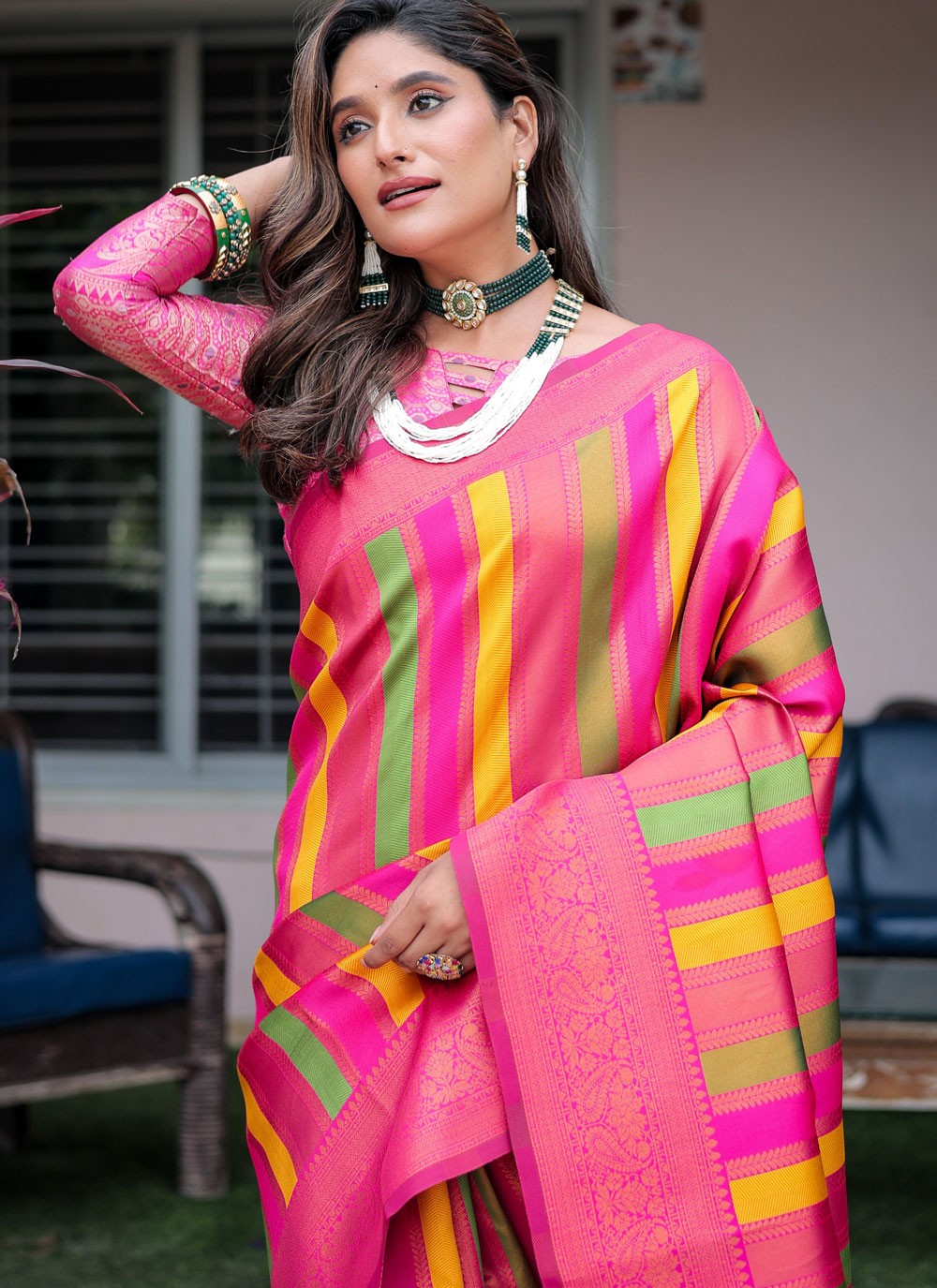 Designer Woven Hot Pink, Pink Kanjivaram Silk S12523