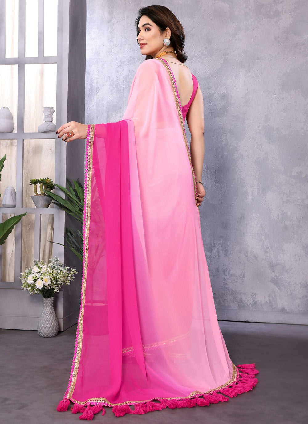 Trendy Saree Border Work Hot Pink, Pink Georgette Saree S12471
