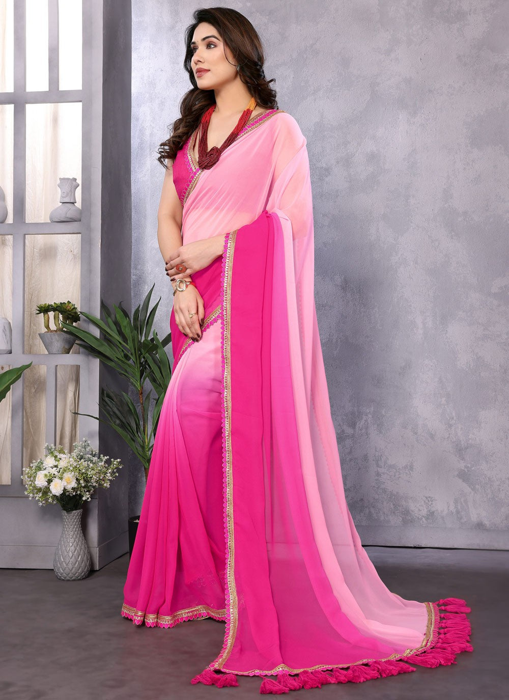 Trendy Saree Border Work Hot Pink, Pink Georgette S12471