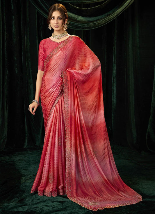 Hot Pink Silk Contemporary Saree Beads, Border Work, Thread S19295