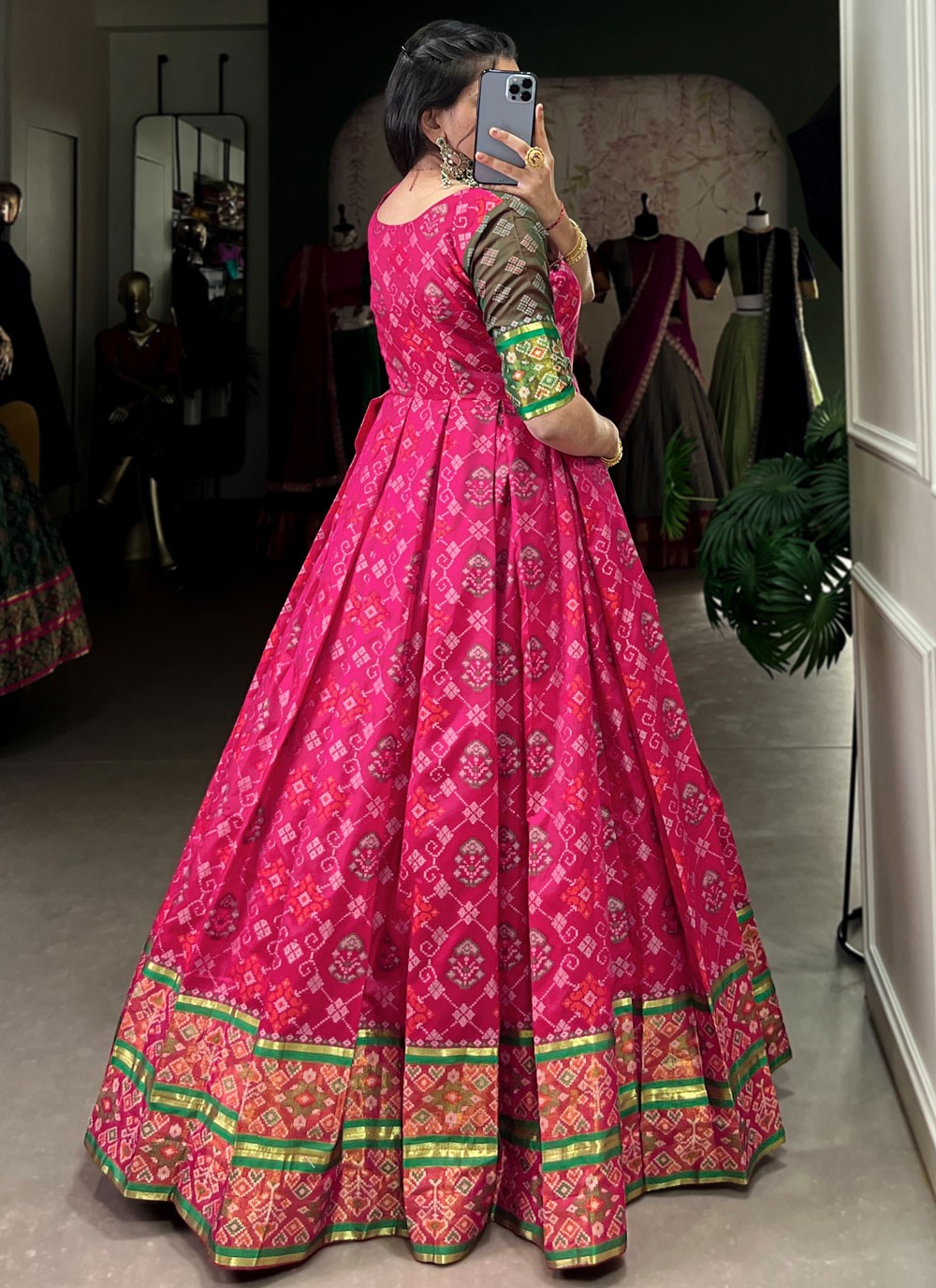 Patola Print Jacquard Silk Hot Pink Gown G1957