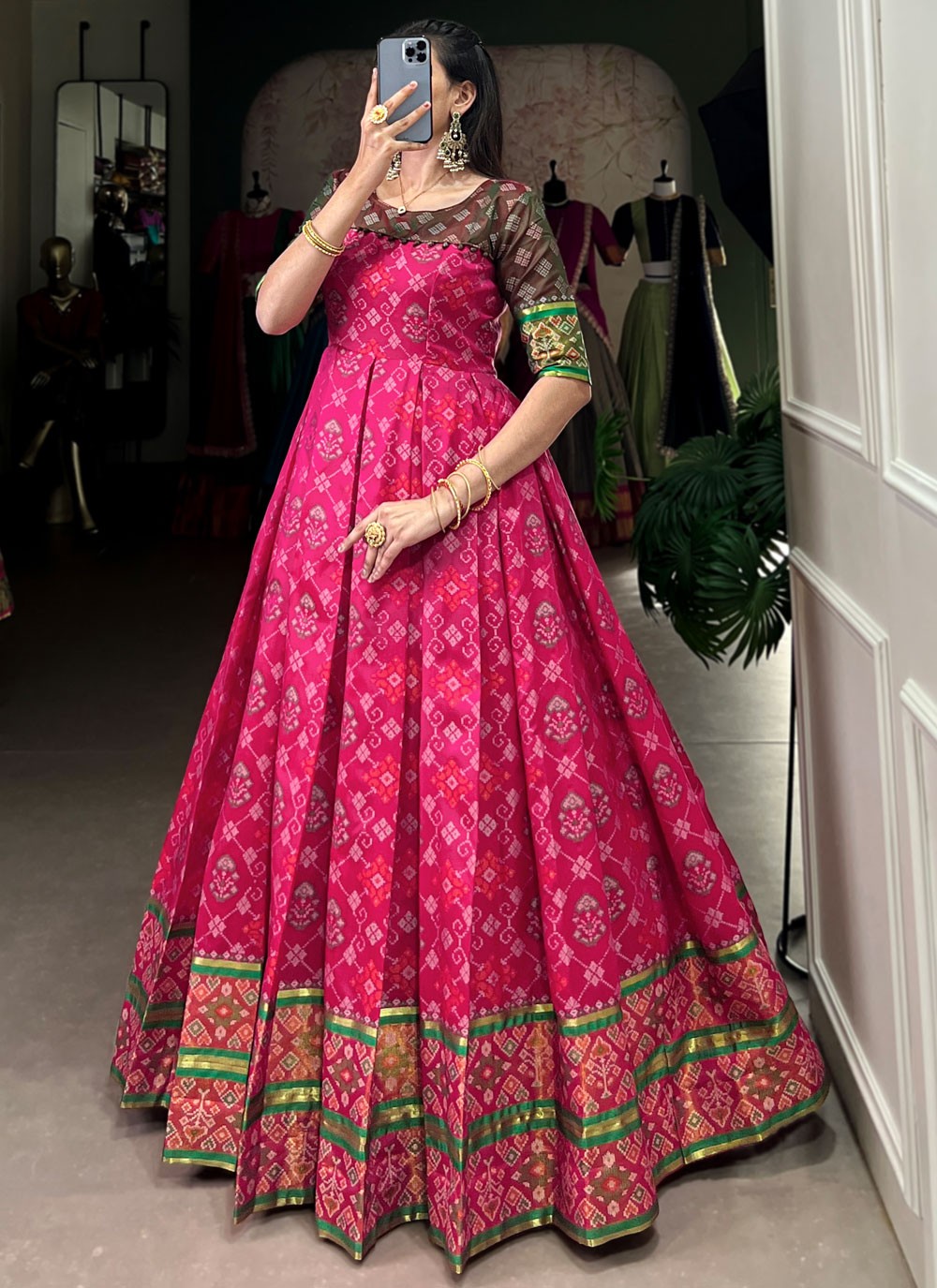 Patola Print Jacquard Silk Hot Pink Gown G1957