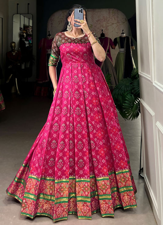 Patola Print Jacquard Silk Hot Pink Gown G1957
