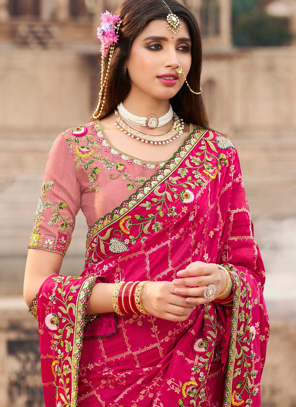 Cut Work Silk Hot Pink Trendy Saree S15315