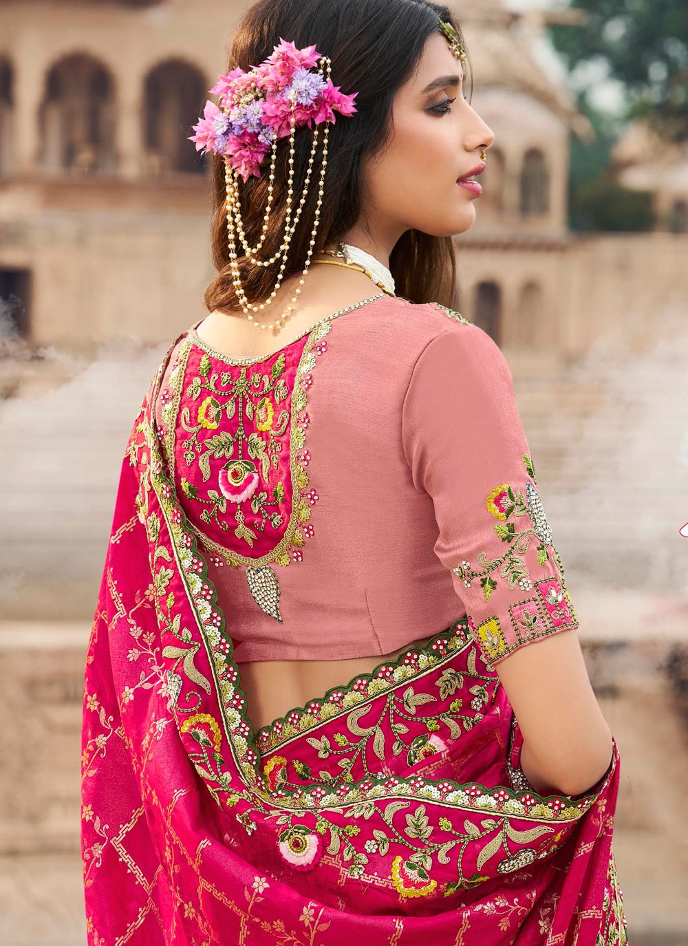 Cut Work Silk Hot Pink Trendy Saree S15315