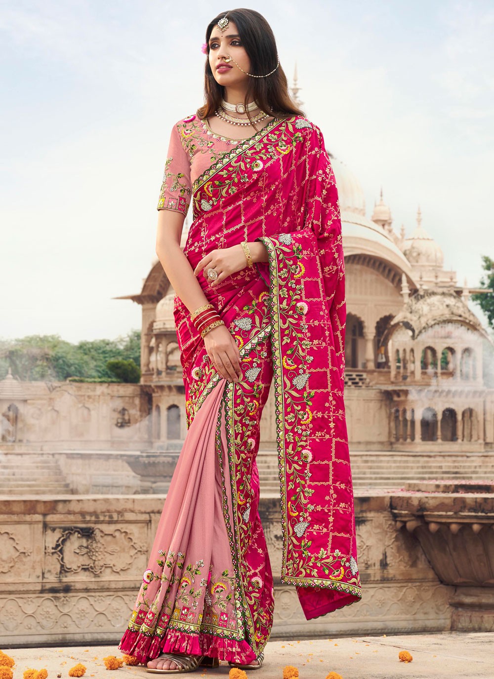 Cut Work Silk Hot Pink Trendy Saree S15315