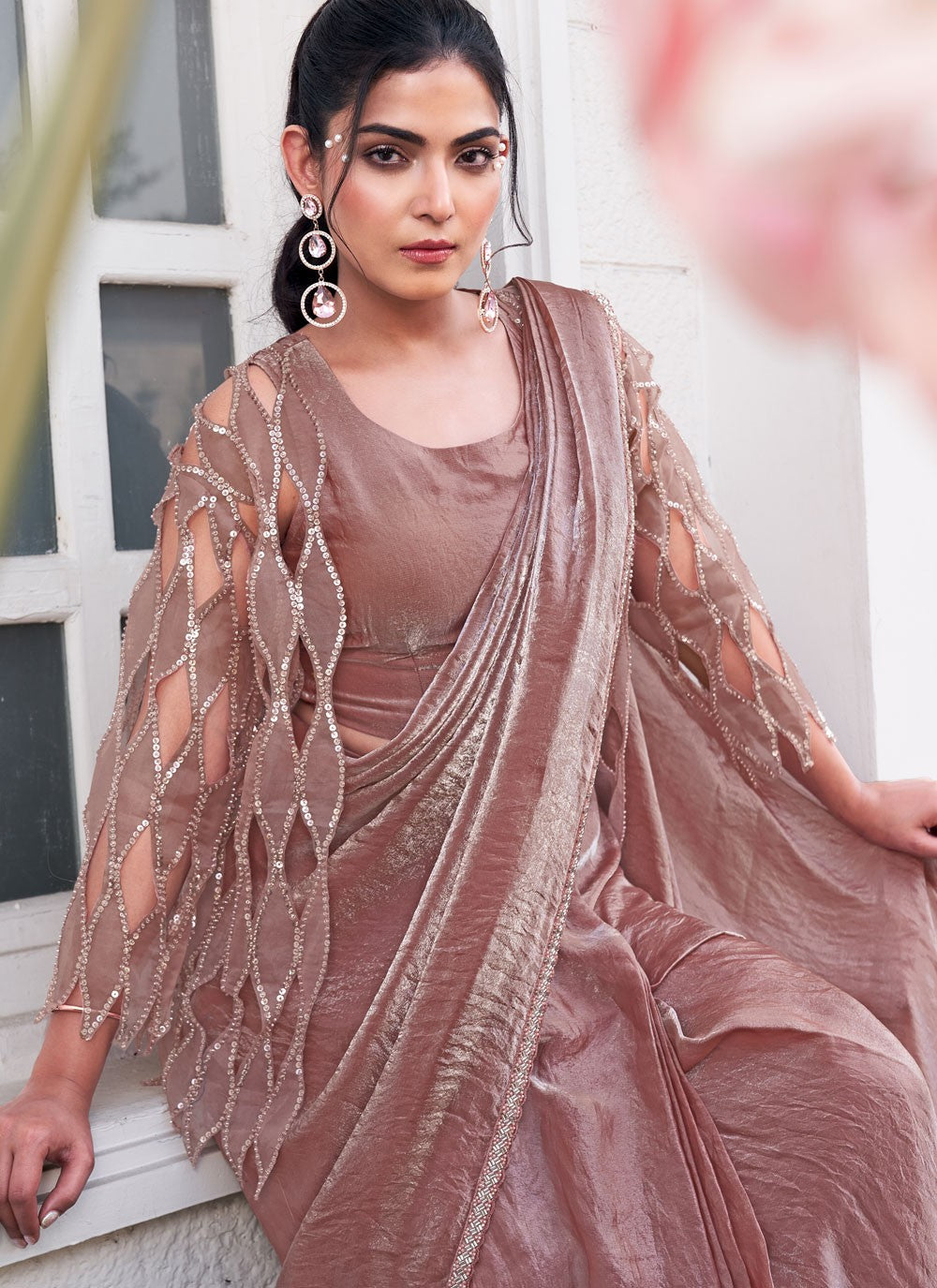 Designer Border Work Pink, Rust Satin Silk Saree S13378
