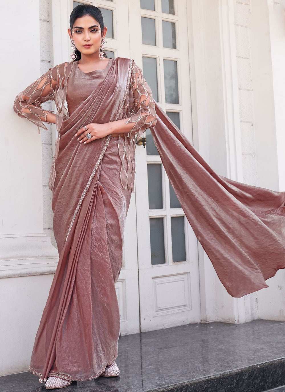 Designer Border Work Pink, Rust Satin Silk Saree S13378