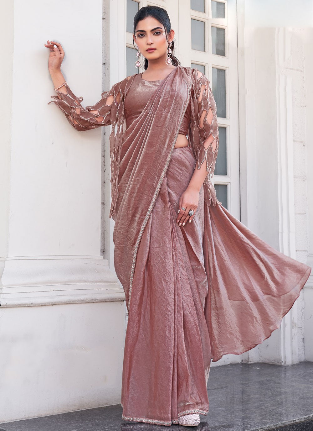 Designer Border Work Pink, Rust Satin Silk Saree S13378