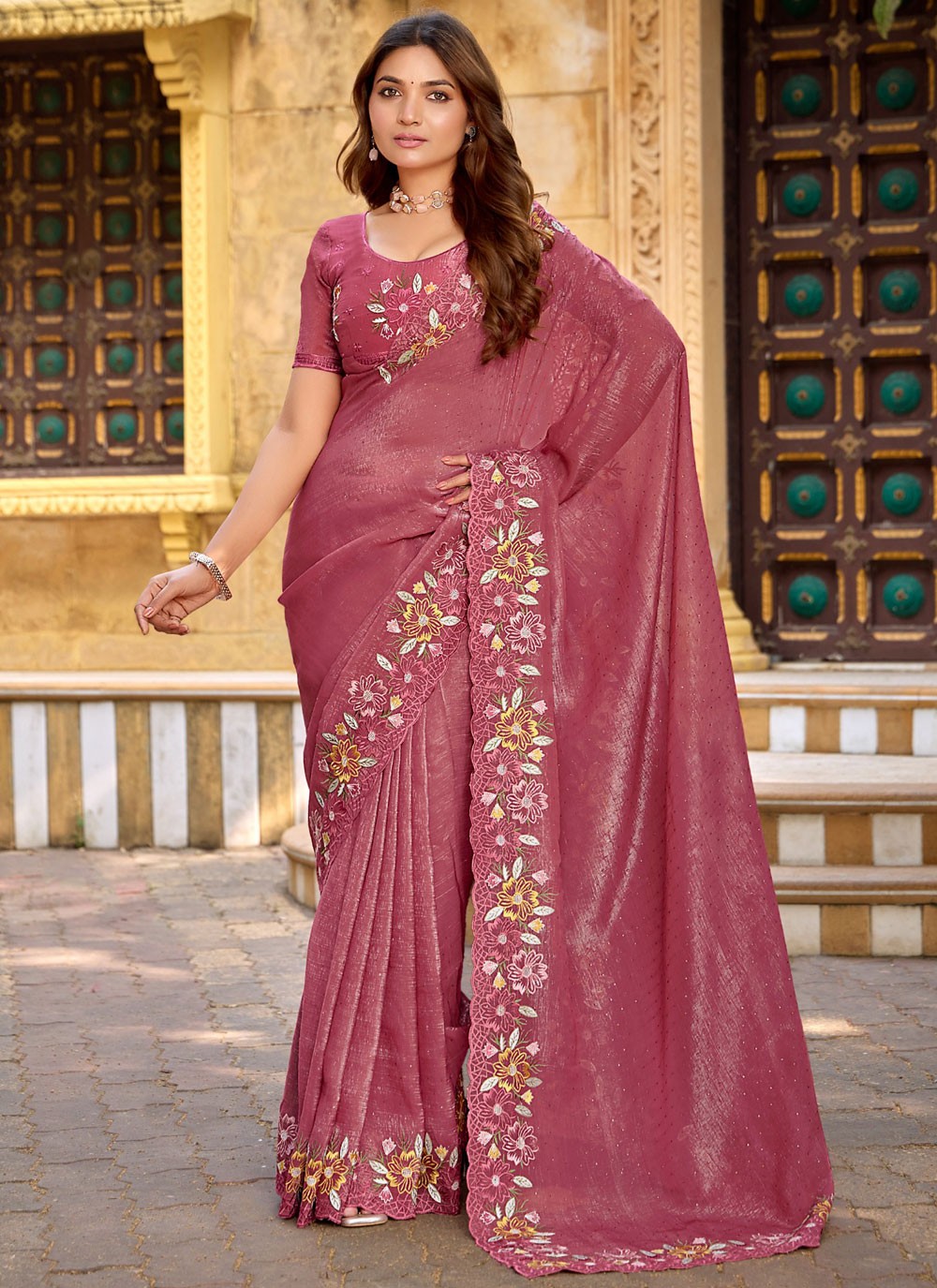 Designer Embroidered Pink, Rust Chiffon Saree S13438