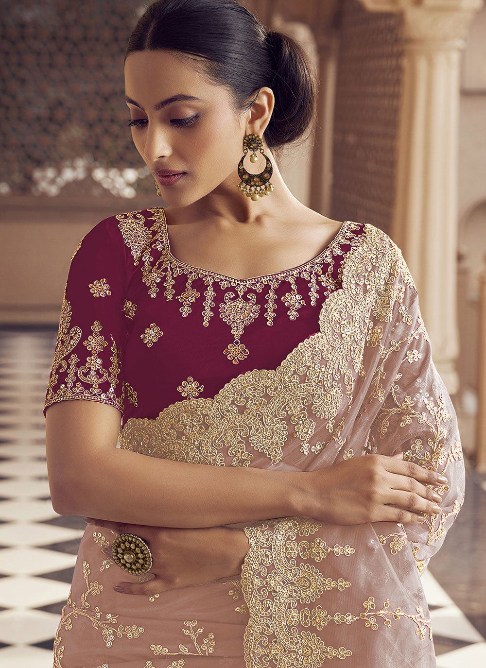 Traditional Embroidered Pink, Rust Net Saree S12483