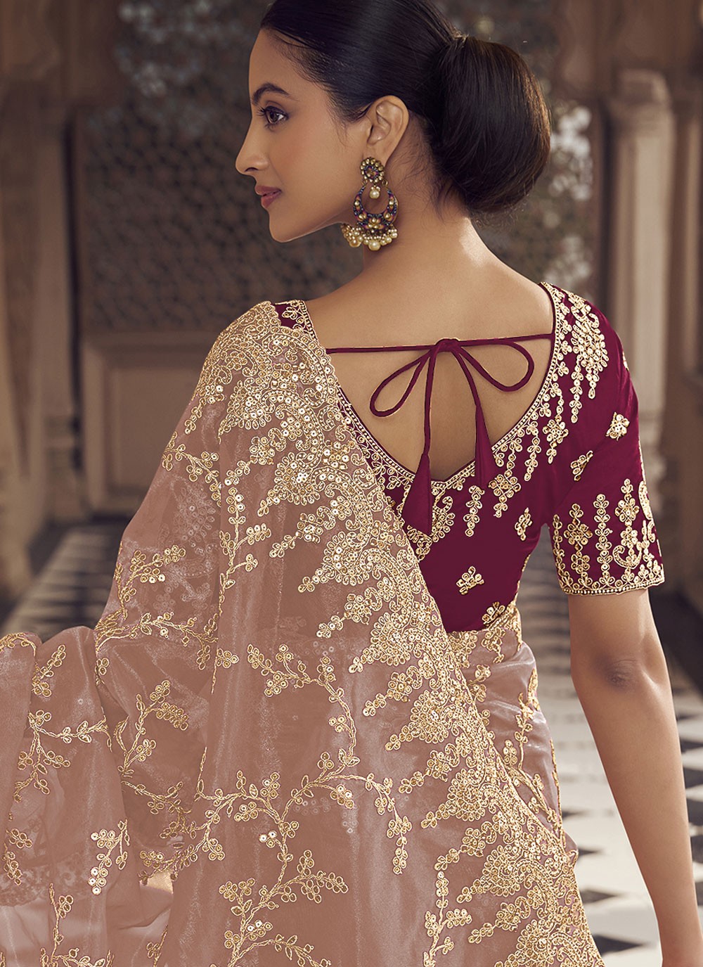 Traditional Embroidered Pink, Rust Net S12483