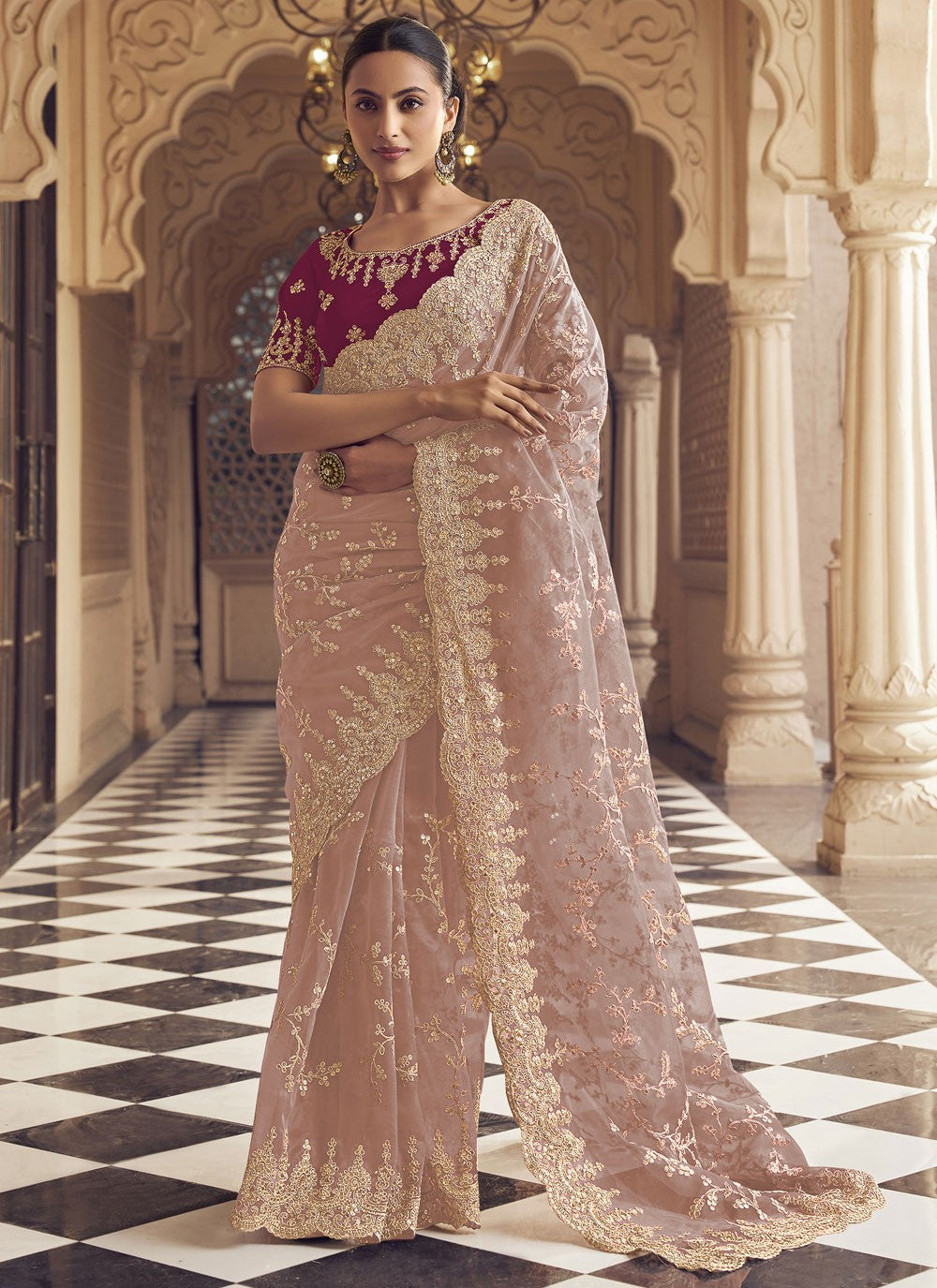 Traditional Embroidered Pink, Rust Net Saree S12483